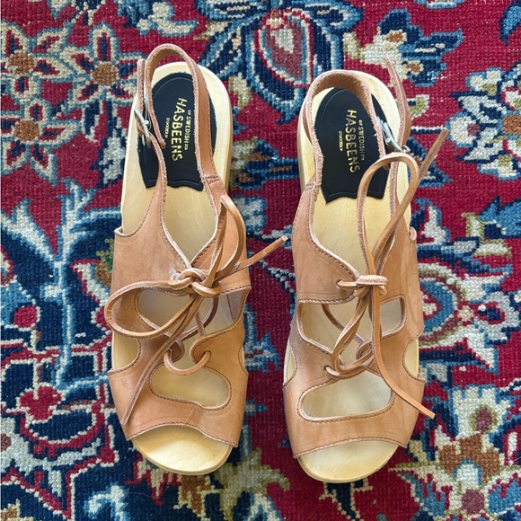 NWOT Swedish Hasbeens lace up clog sandals platform tan natural US 8.5 EU 39 - Picture 5 of 8